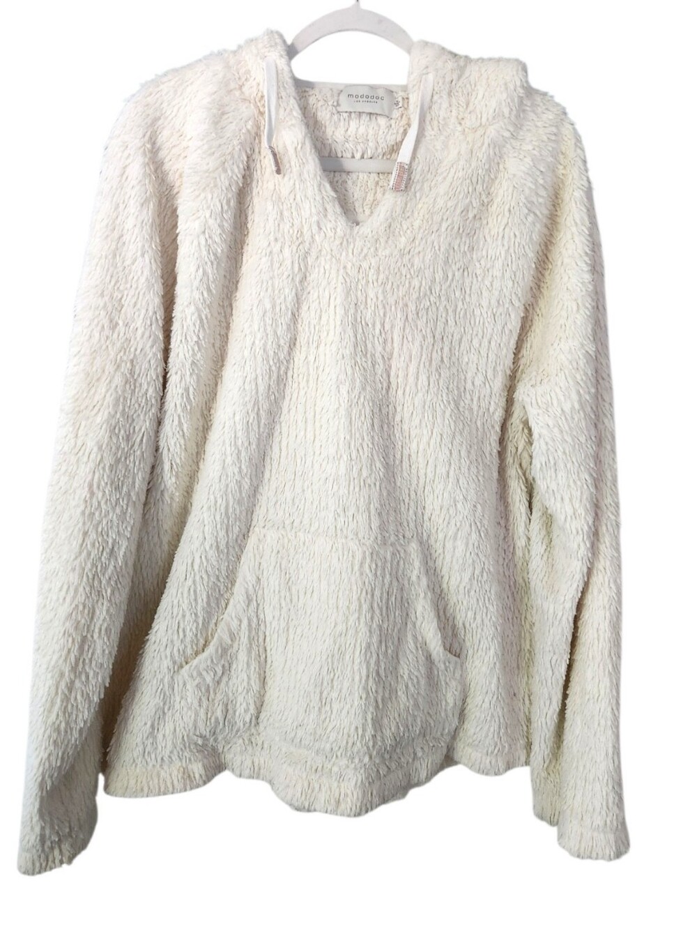 MODODOC LA White Plush Sherpa-style Hoodie Sweatshirt  Kanga-Pocket Drawcord LG